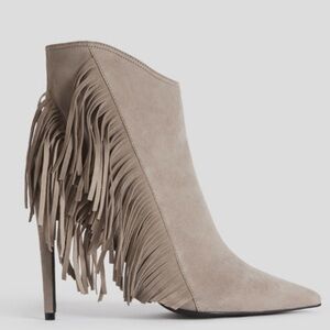 AllSaints Izzy Suede fringe stiletto boots taupe color size US7/EU38